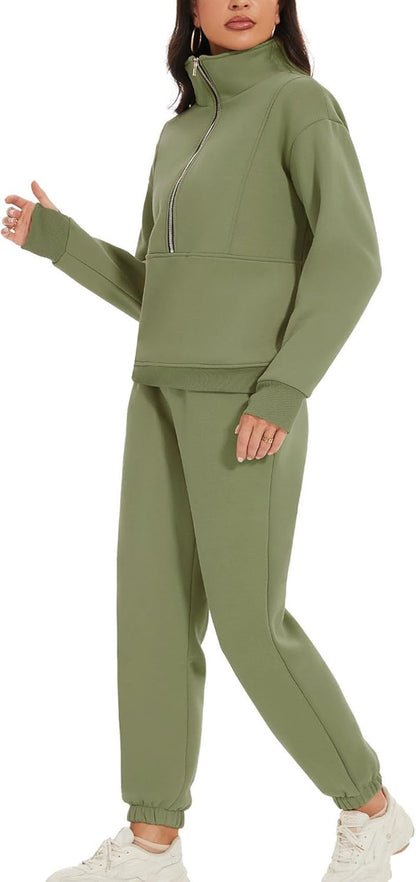 Women'S Fleece Two Piece Outfit Half Zip Sweatshirt and Joggers Pants Set Tracksuit