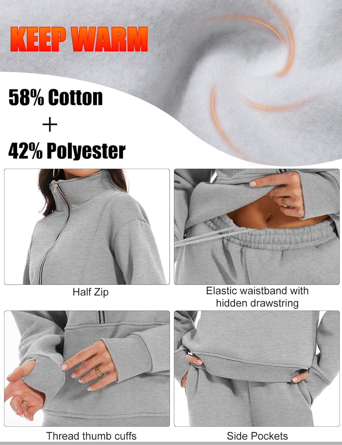 Women'S Fleece Two Piece Outfit Half Zip Sweatshirt and Joggers Pants Set Tracksuit