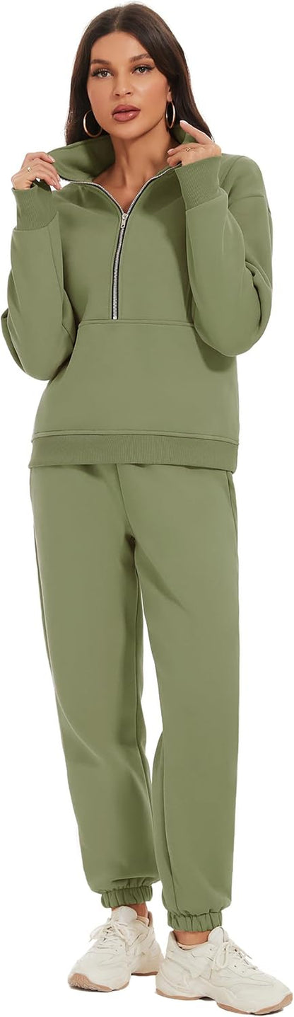 Women'S Fleece Two Piece Outfit Half Zip Sweatshirt and Joggers Pants Set Tracksuit