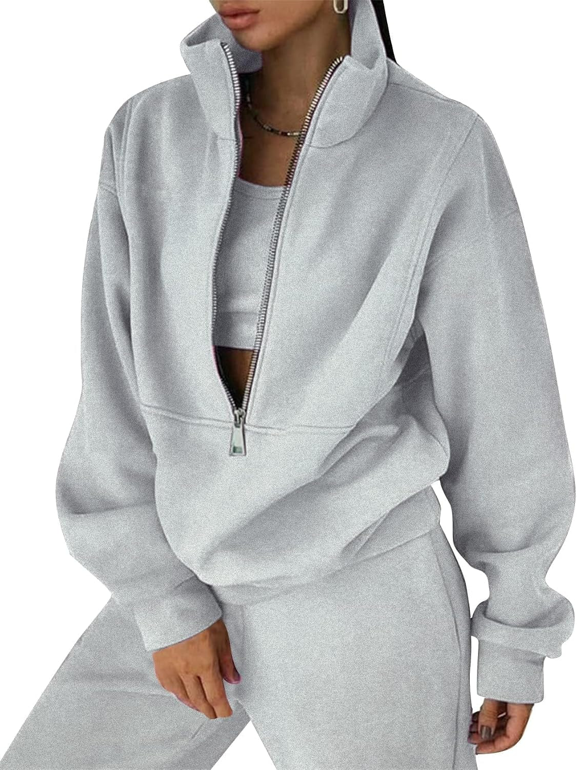 Women'S Fleece Two Piece Outfit Half Zip Sweatshirt and Joggers Pants Set Tracksuit