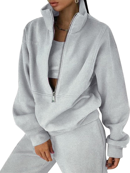 Women'S Fleece Two Piece Outfit Half Zip Sweatshirt and Joggers Pants Set Tracksuit
