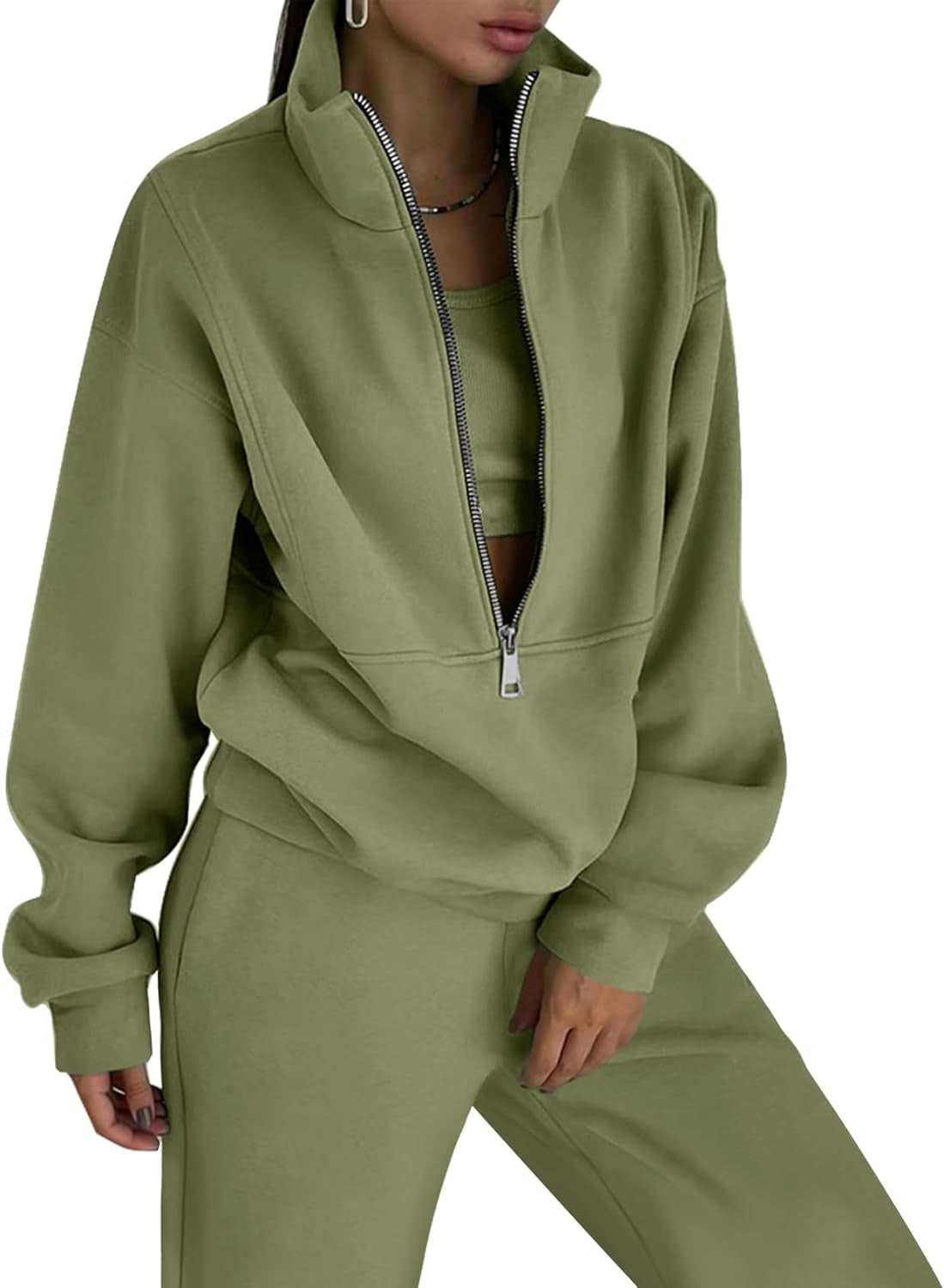 Women'S Fleece Two Piece Outfit Half Zip Sweatshirt and Joggers Pants Set Tracksuit
