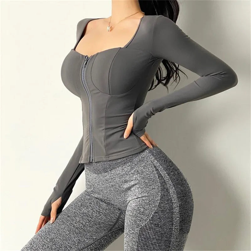 Women Inner Pad Yoga Shirt Long Sleeve Bodybuilding Yoga Top Sportswear Dry Fit Gym Sport Clothing Sportswear Workout Top