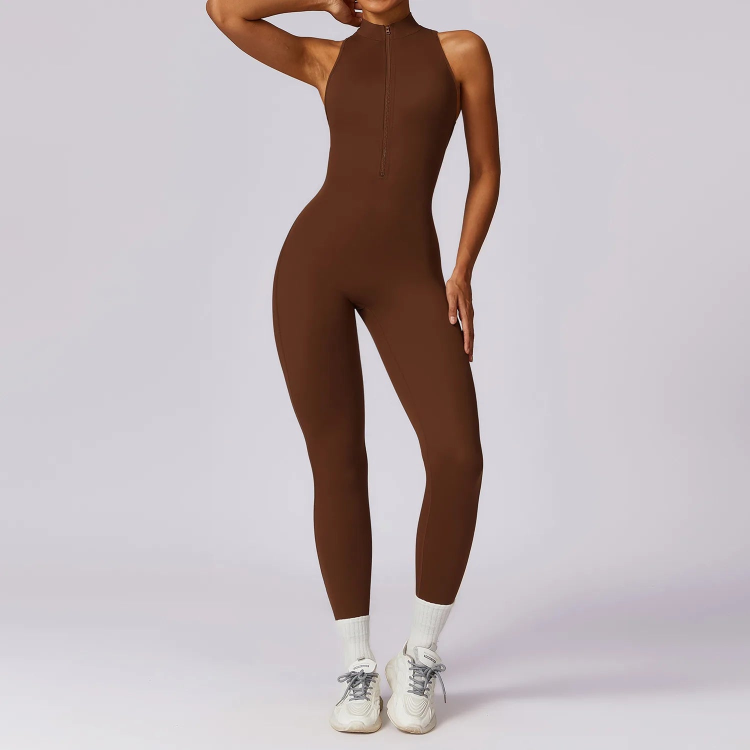 Summer V Back One-Piece Suit Women Sports Jumpsuit Zippers Yoga Rompers Backless Sportswear Women Sleeveles Workout Bodysuits