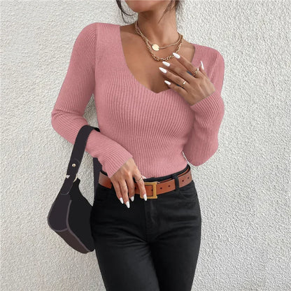 2026 Autumn Winter Women Solid Rib Knit V Neck Stripe Pull Sweater Femme Y2K Long Sleeve Pullover Jersey Tops Fashion Clothes