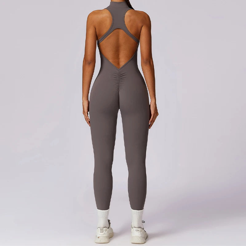 Summer V Back One-Piece Suit Women Sports Jumpsuit Zippers Yoga Rompers Backless Sportswear Women Sleeveles Workout Bodysuits