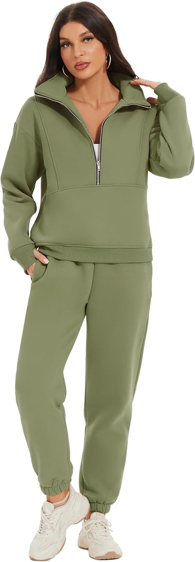 Women'S Fleece Two Piece Outfit Half Zip Sweatshirt and Joggers Pants Set Tracksuit