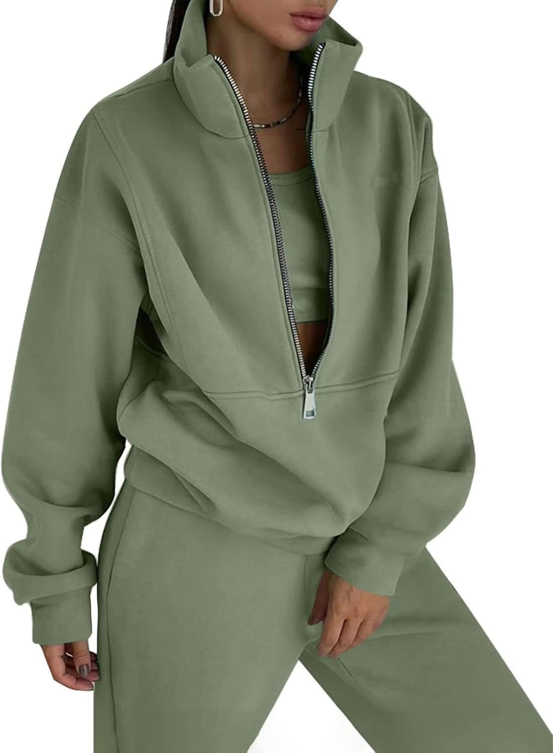 Women'S Fleece Two Piece Outfit Half Zip Sweatshirt and Joggers Pants Set Tracksuit