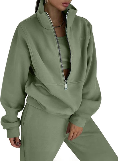 Women'S Fleece Two Piece Outfit Half Zip Sweatshirt and Joggers Pants Set Tracksuit
