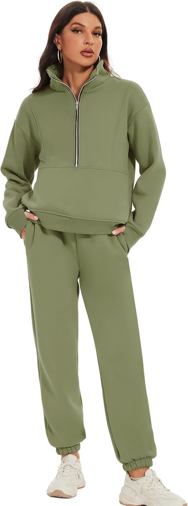 Women'S Fleece Two Piece Outfit Half Zip Sweatshirt and Joggers Pants Set Tracksuit