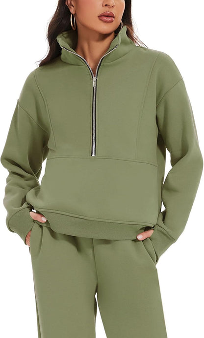 Women'S Fleece Two Piece Outfit Half Zip Sweatshirt and Joggers Pants Set Tracksuit