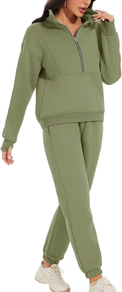 Women'S Fleece Two Piece Outfit Half Zip Sweatshirt and Joggers Pants Set Tracksuit
