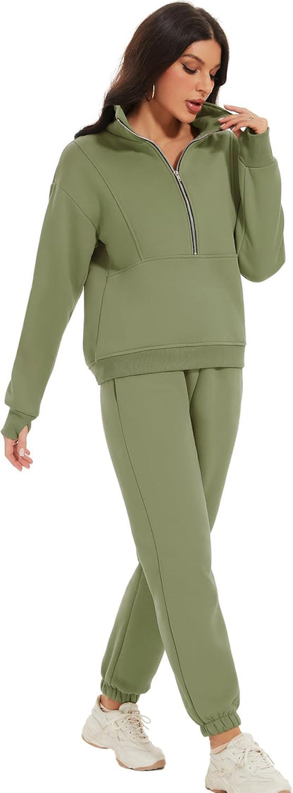Women'S Fleece Two Piece Outfit Half Zip Sweatshirt and Joggers Pants Set Tracksuit