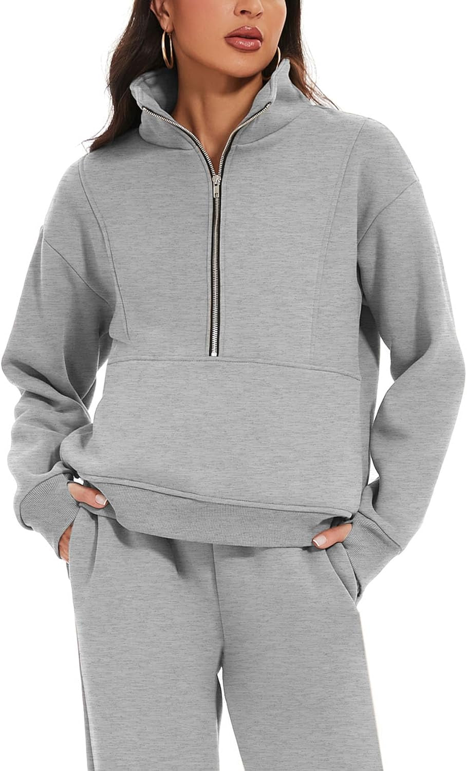 Women'S Fleece Two Piece Outfit Half Zip Sweatshirt and Joggers Pants Set Tracksuit