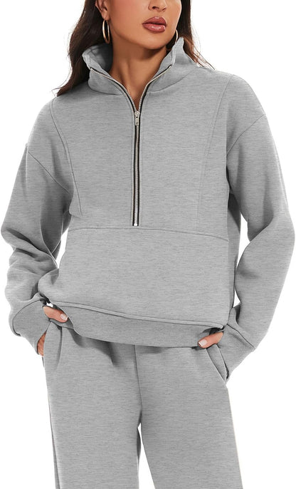 Women'S Fleece Two Piece Outfit Half Zip Sweatshirt and Joggers Pants Set Tracksuit