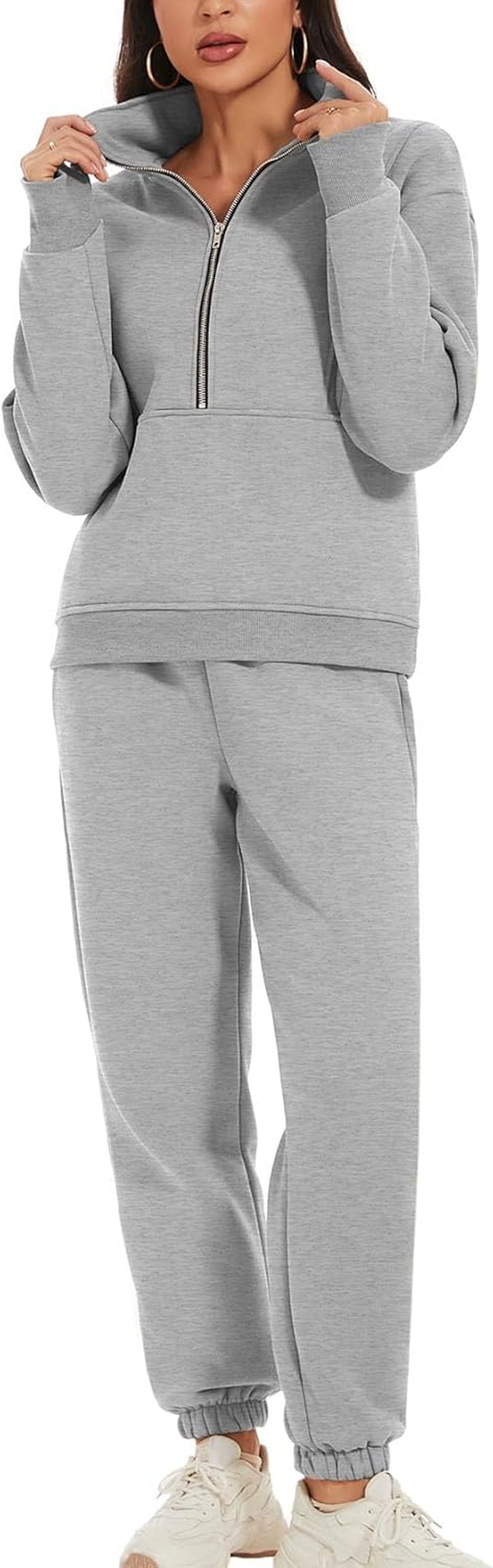 Women'S Fleece Two Piece Outfit Half Zip Sweatshirt and Joggers Pants Set Tracksuit