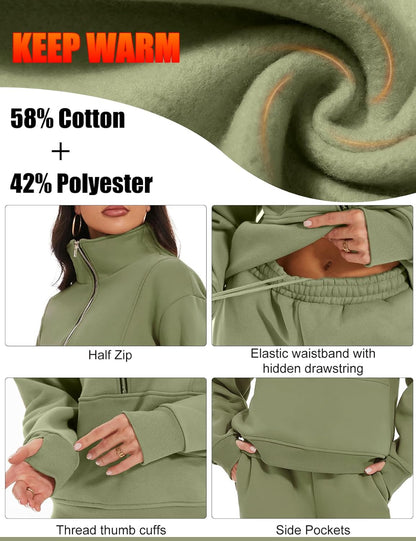 Women'S Fleece Two Piece Outfit Half Zip Sweatshirt and Joggers Pants Set Tracksuit